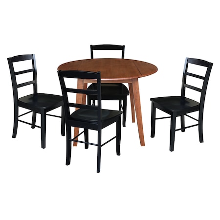 International Concepts 42 in. Solid Wood Round Dual Drop Leaf Dining Table with 4 Chairs in Distressed Oak/Black K42-42DL-C46-2-4